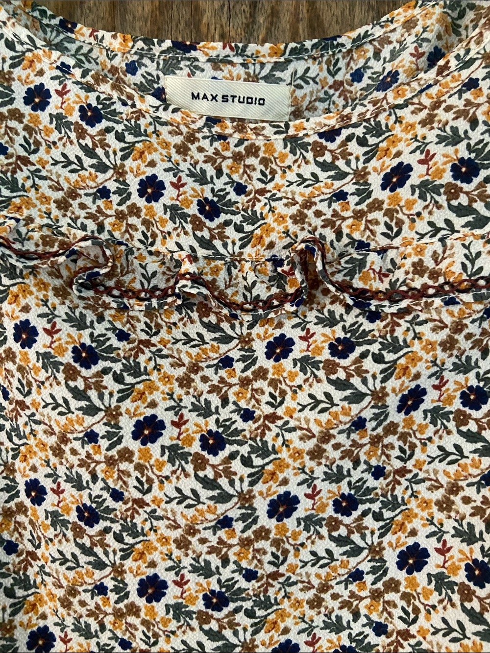 Max Studio Beige Floral Midi Dress with Navy & Mustard Accents M - Picture 2 of 9